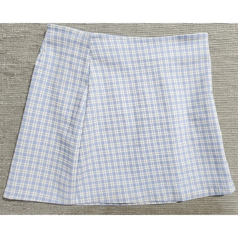 Altard State Blue‎ White Gingham Plaid Mini Skirt Side Slit Womens Small